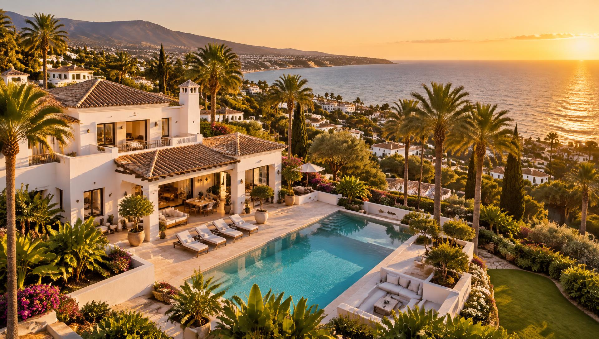 Luxury whitewashed villa with pool overlooking the Mediterranean at sunset