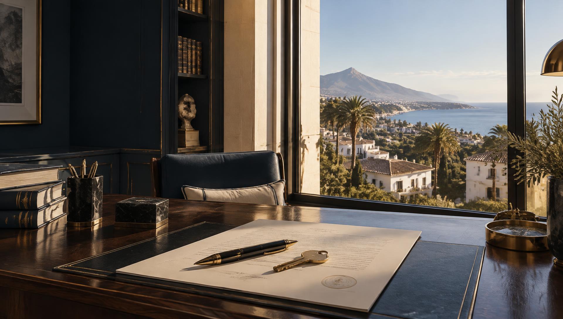 Spanish property deed and keys on a Marbella notary's desk overlooking the Mediterranean