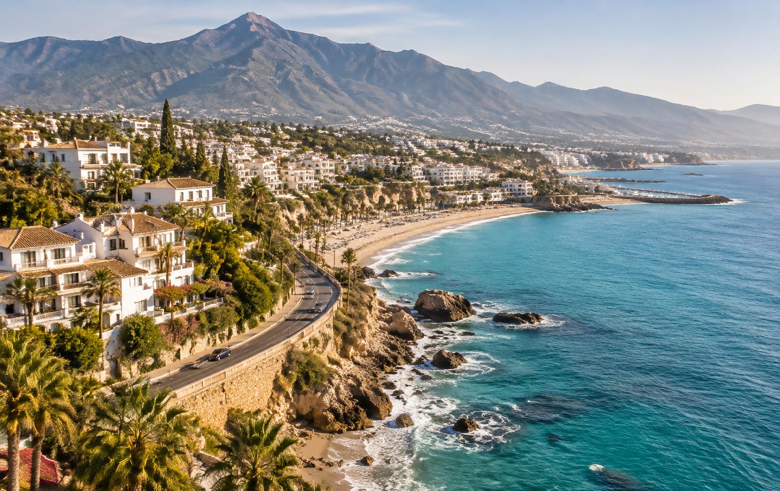 Costa del Sol coastline near Marbella, with white towns below the Sierra Blanca